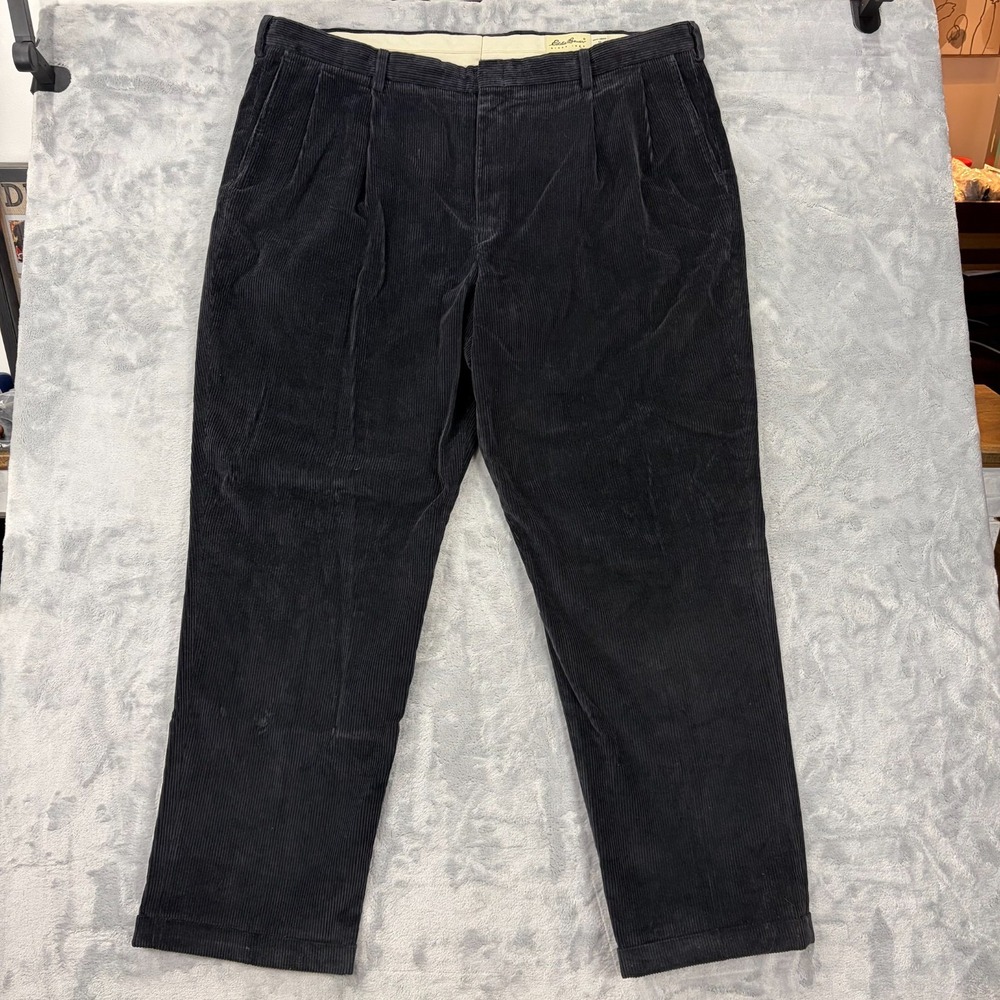 Vtg Eddie Bauer Corduroy Pants Mens 46x33 Black Pleated Chino Trouser Relaxed